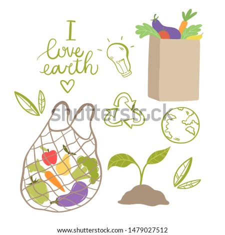 Zero waste. Vector illustration of cloth bag with vegetables, fruit.