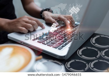Businessman hand working on laptop and coding software developer work with AR new design dashboard computer icons, Business concept.
