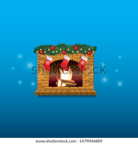 Cartoon decorated burning fire place with many presents. Vector christmas or new year illustration, clip art, element for greeting card design.