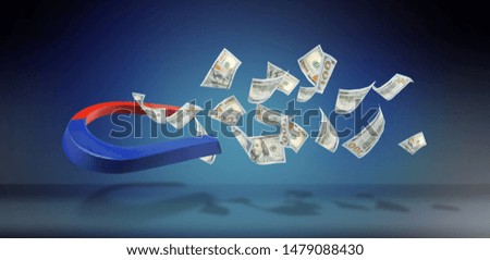 Horseshoe magnet attracting money on blue background