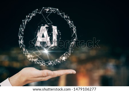 Artificial intelligence concept with man hand and soaring sign of AI letters at blurry night city view background. Double exposure