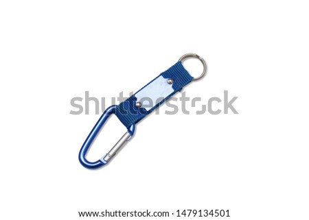 Blue carabiner with the ring on a ribbon isolated on white background. Metal plate copyspace
