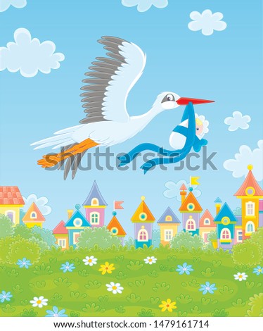 White stork flying and carrying a newborn child over colorful houses of a small town on a sunny day, vector illustration in a cartoon style