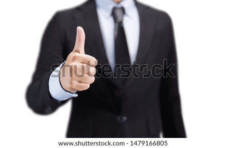 Business man shows thumb up sign gesture isolated on white