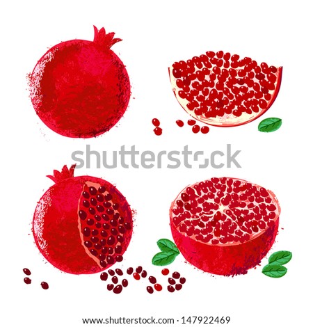 Vector illustration of pomegranate fruits. The drawing imitates dry brush watercolor technique. Set of four images for package design of juice boxes, jelly, jam. One of ancient holy Israeli symbols Royalty-Free Stock Photo #147922469