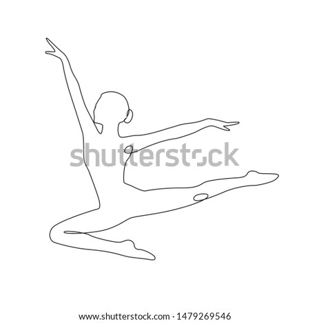 Ballerina jumps performing dance one line drawing on white isolated background. Vector illustration