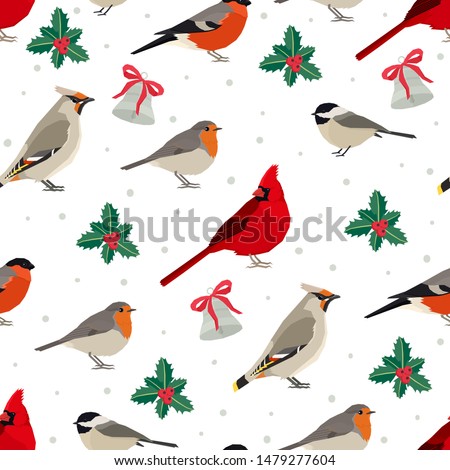 Winter birds Vector illustration Seamless pattern Robin, Bullfinch, Cardinal, Bohemian waxwing and Chickadee with Christmas holly trees and bells 