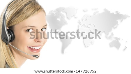 Close-up portrait of female customer service representative wearing headset with world map against white background