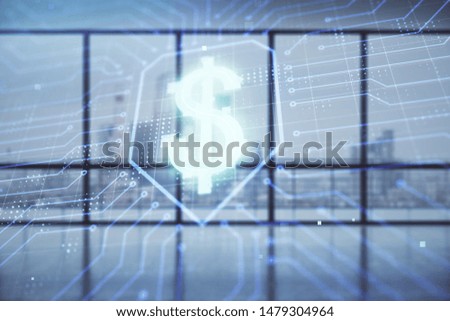 Double exposure of business theme hologram on empty room interior background. Business concept