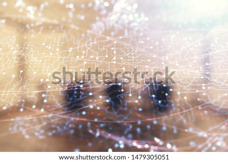 Double exposure of technlogy theme abstract hologram on conference room background. Concept of hightech