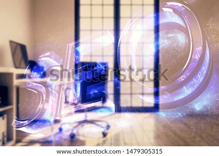 Seo sign hologram with minimalistic cabinet interior background. Double exposure. Search engine concept.