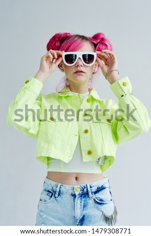 stylish woman with pink hair