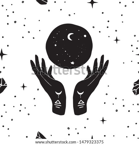 Vector seamless pattern of henna mystic mudra hands, moon and stars. Great for fabric, wrapping paper. Aztec stile, tribal art, ethnic collection, design isolated on white background. Royalty-Free Stock Photo #1479323375