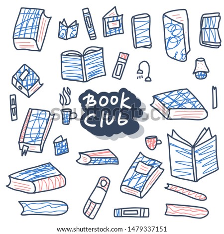 Book club concept. Book set in doodle style. Symbols of reading on white background.