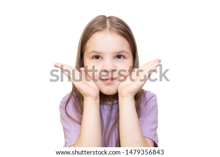 The little girl does not know what to do, and widely scatters hands. It is isolated on a white background