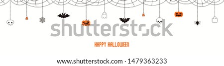 Happy Halloween garland, bunting with pumpkins, bats, ghosts, spider webs, skulls, corn candy, on white background. Hand drawn vector illustration. Holiday concept. Banner, invitation design element.
