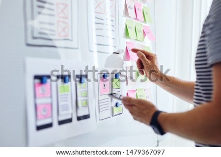 Web developer planning application for mobile phone on whiteboard Royalty-Free Stock Photo #1479367097