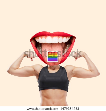 Female muscular body headed by big mouth with red lips and LGBT-flag colors. Negative space to insert your text. Modern design. Contemporary art collage. Concept of human rights, equality.