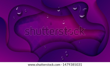 drops of a transparent liquid on pink-purple, overlapping, abstract forms with smooth wavy edges. dark art wallpaper. vector image