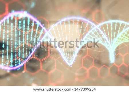 DNA drawing with office interior on background. Double exposure. Concept of education
