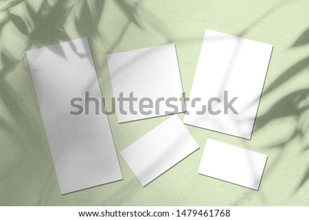 Empty white wedding stationery mockups with soft willow leaves shadows on light green concrete background. Blank invitation, greeting card, menu, rsvp, table card, thank you card. Flat lay, top view Royalty-Free Stock Photo #1479461768