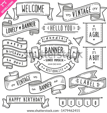 Set of vintage banner and ribbon related objects and elements. Hand drawn doodle illustration collection isolated on white background. Editable stroke/outline.