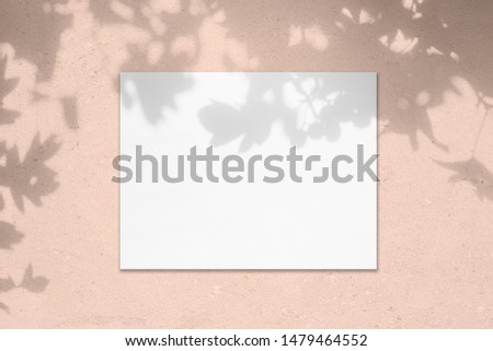 Empty white horizontal rectangle poster mockup with soft shadow on pastel pink colored concrete wall background. Flat lay, top view