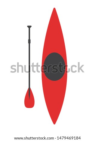 Vector flat cartoon red canoe with paddle isolated on white background
