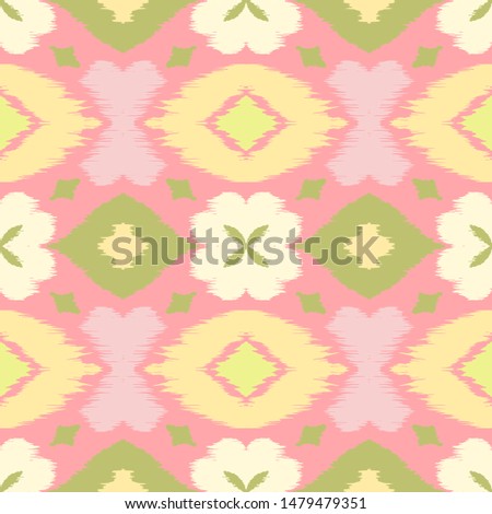 Ikat geometric folklore ornament with diamonds and flowers. African rug. Tribal ethnic vector texture. Seamless pattern in Aztec style. Folk embroidery. Indian batik. Mexican decor.