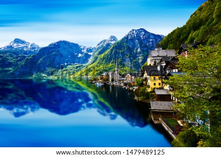 Beautiful Landscape of mountain and lake. Spring season in Hallstatt, Salzkammergut region, Austria