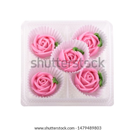 Aalaw or Alua dessert is a pink flower,Thai traditional sweet dessert, isolated on white background.