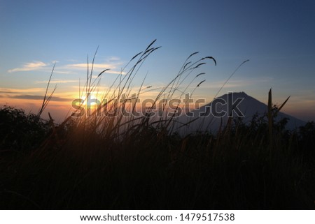 sunrise photo against the grass silhouette foreground and mountain backdrop. nature has not been edited