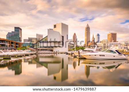 Cleveland, Ohio, USA downtown city skyline and harbor in the moring.