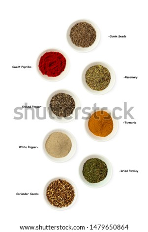 Top view on a collection of spices in a bowl with tag name isolated on white background