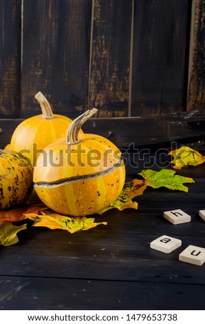 Autumn background with pumpkins, leaves