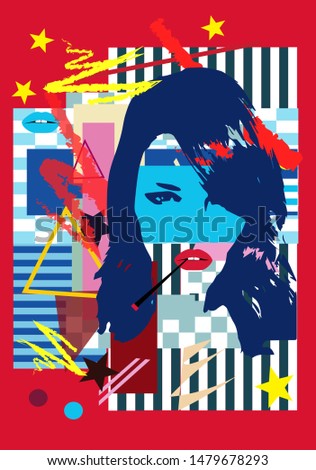 Duotone girl background with red lips smoking, pop art