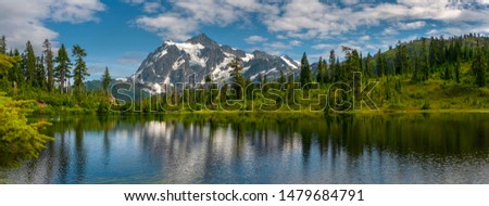 Picture Lake and Mt. Shuksan, Washington. Picture Lake is the centerpiece of a strikingly beautiful landscape in the Heather Meadows area of the Mt. Baker-Snoqualmie National Forest.