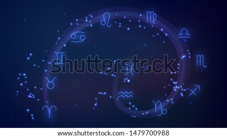 Spiral with twelve zodiac constellation in night sky, astrology, esotericism, prediction of the future.