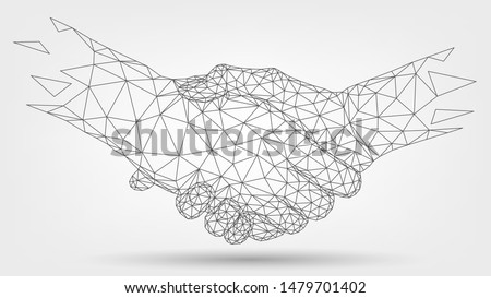Two wire-frame hands, handshaking, partners, friendship or business partnership, technology, business, trust concept Royalty-Free Stock Photo #1479701402