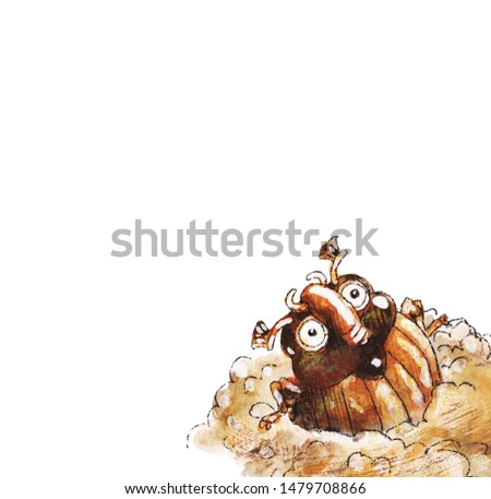May thick brown beetle comes out of the ground,white background,isolated image,watercolor