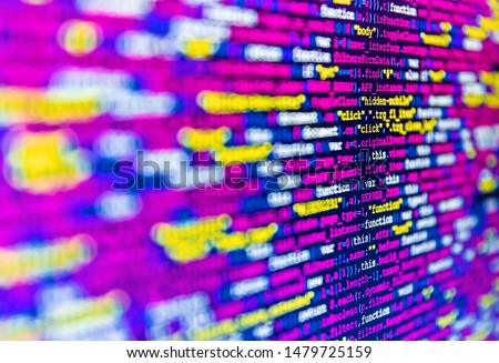 Web abstract programming and created virus on laptop screen. Information technology website coding standards for web design. Abstract technological background with digits and lines