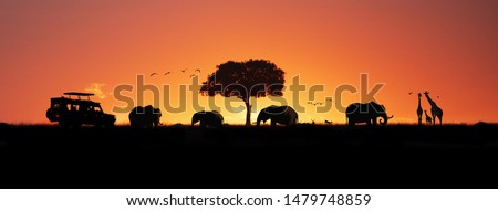 Silhouette of African safari scene with wildlife and  tourist vehicle. Horizontal web banner Royalty-Free Stock Photo #1479748859
