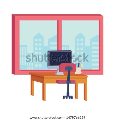 Office workplace desk with computer and window with cityscape view elements cartoons ,vector illustration graphic design.