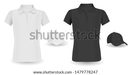 Baseball Cap Template and Polo Shirt Mockup. Black and White Vector Tshirt isolated on Background. Realistic Wear Outfit Short Sleeve Polo Promotion. Shirt with Collar, Visor Hat Casual Clothing