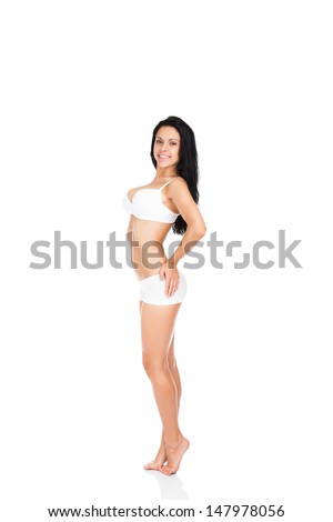 Beautiful woman smile posing full length isolated over white background. concept of perfect body figure nutrition diet, weight loss cellulite
