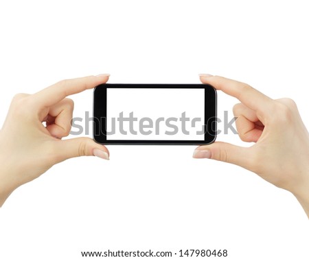 Hand holding big touchscreen smart phone, clipping path