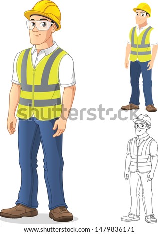 Man with Safety Gear Standing Straight, with His Arms by His Side, Cartoon Character Design, Including Flat and Line Art Designs, Vector Illustration, in Isolated White Background.