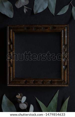 flat lay frame, room for words, copyspace, wooden framed chalkboard with eucalyptus leaves, chalkboard sign lettering mockup
