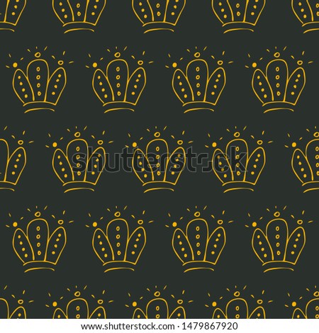 Hand drawn crowns. Seamless pattern of simple graffiti sketch queen or king crowns. Royal imperial coronation and monarch symbols. Yellow brush doodle isolated on dark background. Vector illustration.