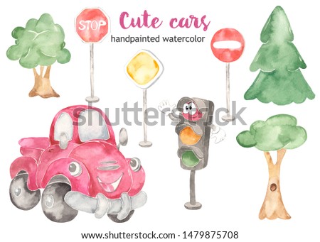 Watercolor set clipart cartoon red pickup, trees, traffic light and road signs